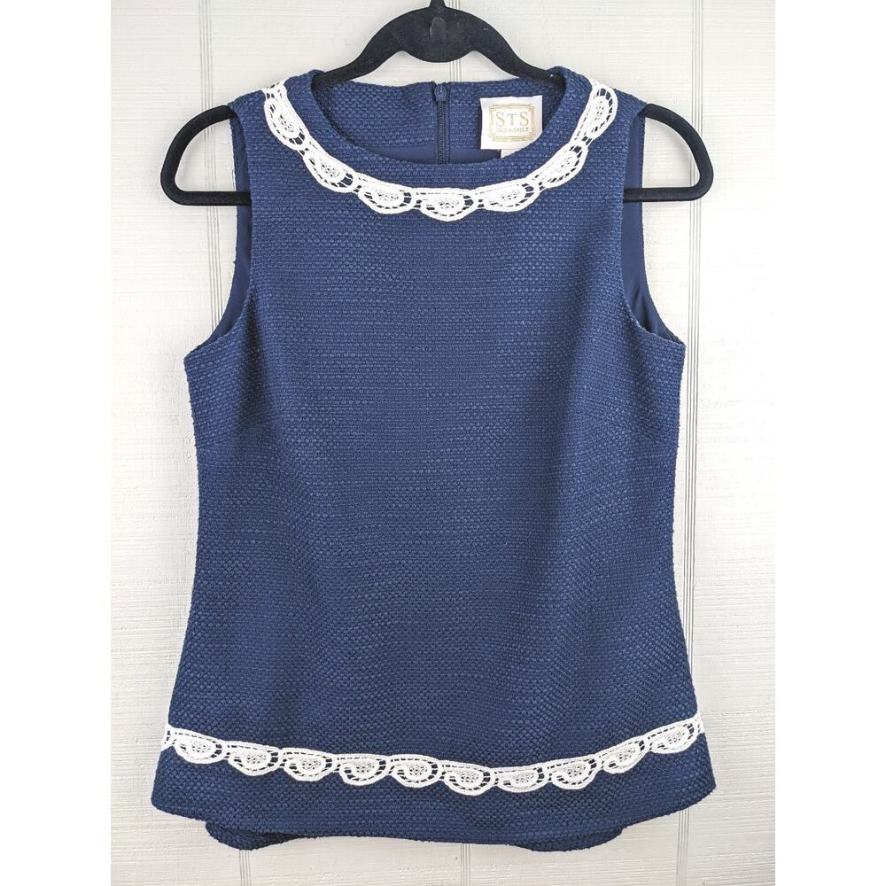 SAIL TO SABLE STS Sleeveless Fitted S Top Textured Lace Navy Blue White Nautical